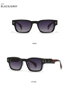 Front and side view of black square sunglasses with gold metal accents and tortoiseshell legs