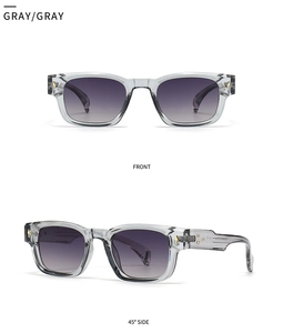 Front and side view of retro gray sunglasses with gradient lenses and gold diamond accents