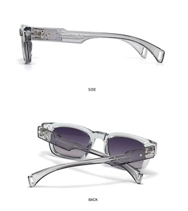 Detail view of transparent grey sunglasses showing side hinge and geometric temple tips
