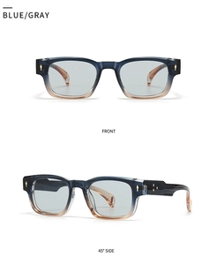 Front and 45-degree side views of blue and gray gradient square frame sunglasses