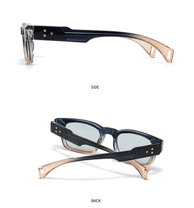 Detail view of gradient eyewear frame with gold star rivets on side and back angles