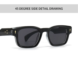 Close-up of black square sunglasses with gold star and arrow metal accents at 45-degree angle