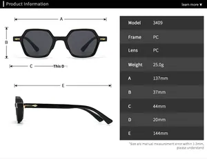 Detailed size chart for retro small frame sunglasses featuring dimensions and PC material specs