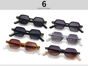 Flat lay of six colorful geometric sunglasses featuring stylish golden arrow temple hinges