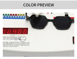 UV400 protection test for narrow hexagonal sunglasses showing high UV resistance levels