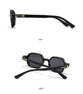 Detail view showing side and back angles of narrow black hexagonal frame sunglasses