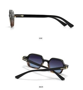 Side and back view of retro hexagonal sunglasses with gold arrow hinges and gradient lenses