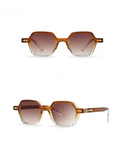 Front and side view of brown gradient narrow frame sunglasses with gold arrow hinges