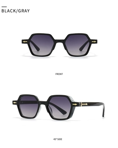 Front and 45-degree side view of black hexagonal sunglasses with golden arrow accents
