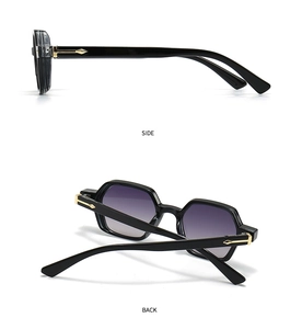 Side and back view of hexagonal sunglasses with black frame and purple gradient lenses