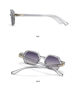 Detailed side and back views of grey polygon sunglasses with gold T-shaped hinges