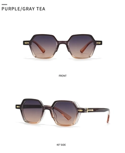 Front and side view of hexagonal purple sunglasses with gradient lenses and gold arrow detail