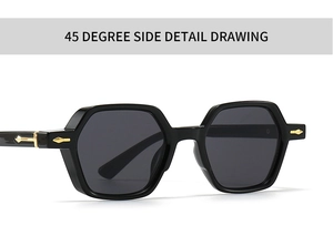 Close-up of black hexagonal frame glasses featuring golden arrow metal hinge detail