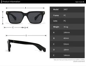 Detailed size chart for square frame sunglasses showing frame height and temple length