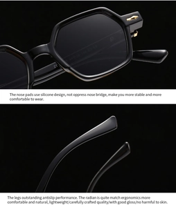 Detail of premium black geometric sunglasses with gold hinges and comfort nose pads