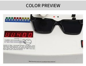 Macro shot of square sunglasses showing UV400 protection test on professional device