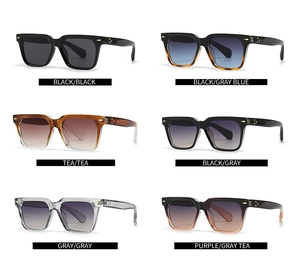 Multiple color options of square frame sunglasses with metal rivet details and gradient lenses