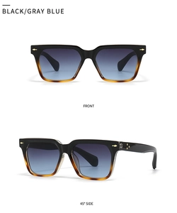 Front and side view of square frame sunglasses with black frame and blue gradient lenses