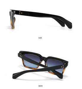 Detail view of square frame sunglasses with gold star rivets and blue gradient lenses