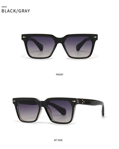 Front and 45-degree side views of square butterfly sunglasses with gradient lenses