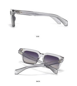 Detailed side and back view of transparent gray square frame sunglasses with gradient lenses
