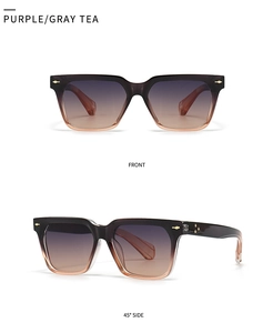 Front and 45 degree side views of square purple gray tea gradient sunglasses