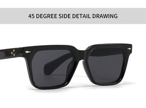 Detail of square black sunglasses with three golden stars on the temple arm
