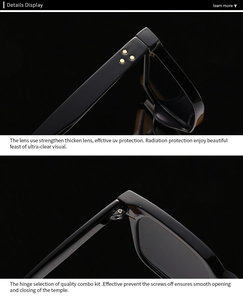 Close-up of square sunglasses hinge with triple star studs and UV400 protection lens