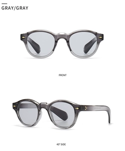 Detailansicht der grauen Retro-Brille mit goldenen Nieten von vorne und von der Seite