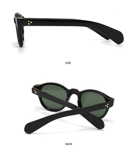 Seiten- und Rückansicht der Retro-Sonnenbrille in Schwarz mit grünen Gläsern und Nieten