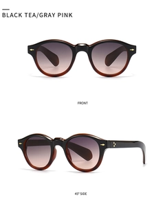 Retro-Sonnenbrille mit kleinem rundem Rahmen in Schwarz-Tee und grau-rosa Gläsern