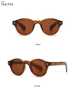 Vorder- und Seitenansicht der Vintage-Sonnenbrille in Teefarbe mit Rauten-Nieten