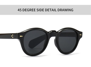 Detailansicht der Vintage schmalen schwarzen Rundrahmen-Sonnenbrille mit goldener Niete