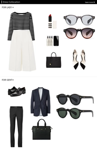 Flat-Lay von Herren- und Damenoutfits mit schmalen Retro-Sonnenbrillen und Modeaccessoires