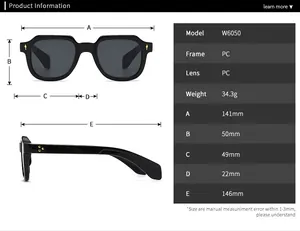 Spécifications de taille et mesures de monture PC pour lunettes de soleil rétro modèle 6050