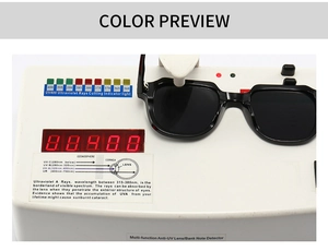Détail de lunettes de soleil carrées noires montrant le test de protection UV400