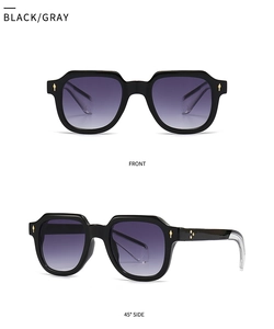 Vues de face et de profil à 45 degrés de lunettes de soleil noires avec fleurs en métal doré