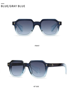 Vues de face et de profil de lunettes de soleil dégradées bleu-gris à rivets