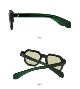 Détails de lunettes de soleil rétro vert foncé avec rivets étoiles dorés, vues de côté