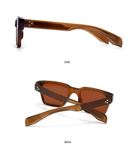 Vue latérale de lunettes de soleil carrées marron avec rivets étoile et dimensions