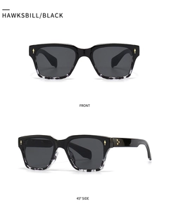 Vue détaillée de face et de profil de lunettes de soleil carrées noires et écaillés