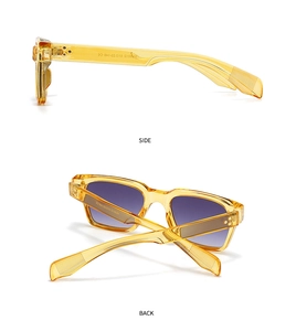 Vue latérale et arrière de lunettes carrées avec monture jaune et verre violet
