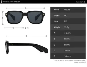 Detailed size chart and dimensions for W6038 vintage narrow frame anti-blue light glasses