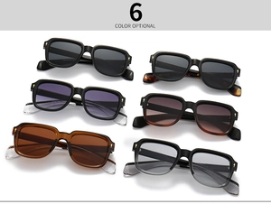 Close-up of six color options for square frame sunglasses with golden star rivets