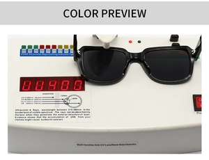 Macro detail showing UV400 protection test for trendy black rectangle frame sunglasses