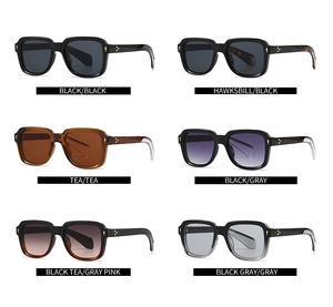 Detailed grid showing six color options for square frame sunglasses with metal accents