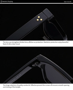 Détail de lunettes de soleil noires avec trois rivets en étoile dorés et charnières solides