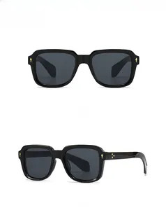 Front and 45-degree side view of vintage black square sunglasses with gold arrow studs