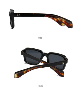 Side and back view of retro square glasses with golden star rivets on tortoise temples