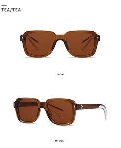 Retro narrow tea rectangle sunglasses featuring stylish golden diamond rivets on the frame